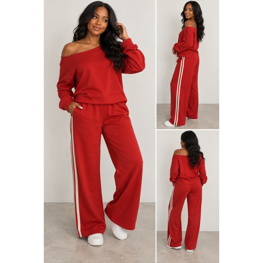 Universal Thread Red Tracksuit Set Off Shoulder Sweatshirt S & Wide Leg Pants M
